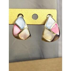 Vintage Sterling Silver Mother Of Pearl Inlay Pierced Earrings Ken Craft 925